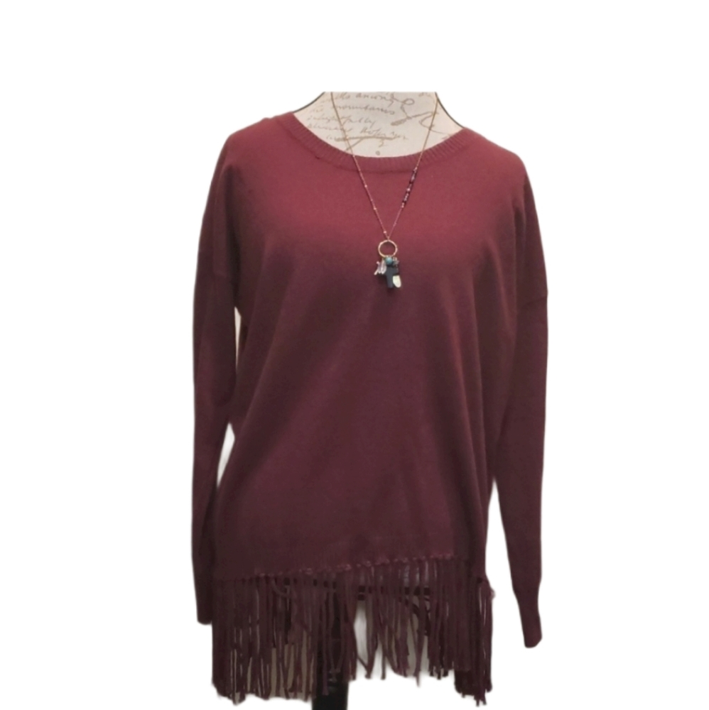 NWT LUMIERE Burgundy/ Wine Fringe Sweater Size S